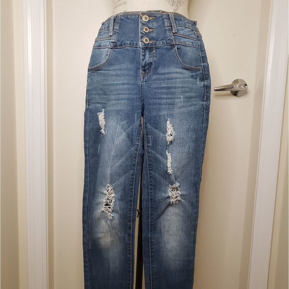 Distressed Paperbag Cutoff Denim Jeans - Picture 2 of 11